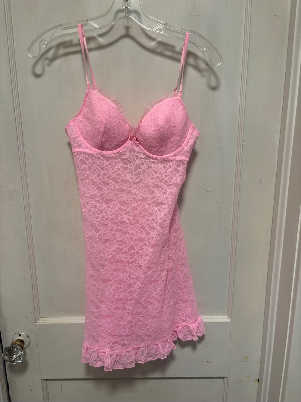 Victoria Secrets The Lacie Intimate Pink Ruffle Back Lace Chemise Nightdress L
